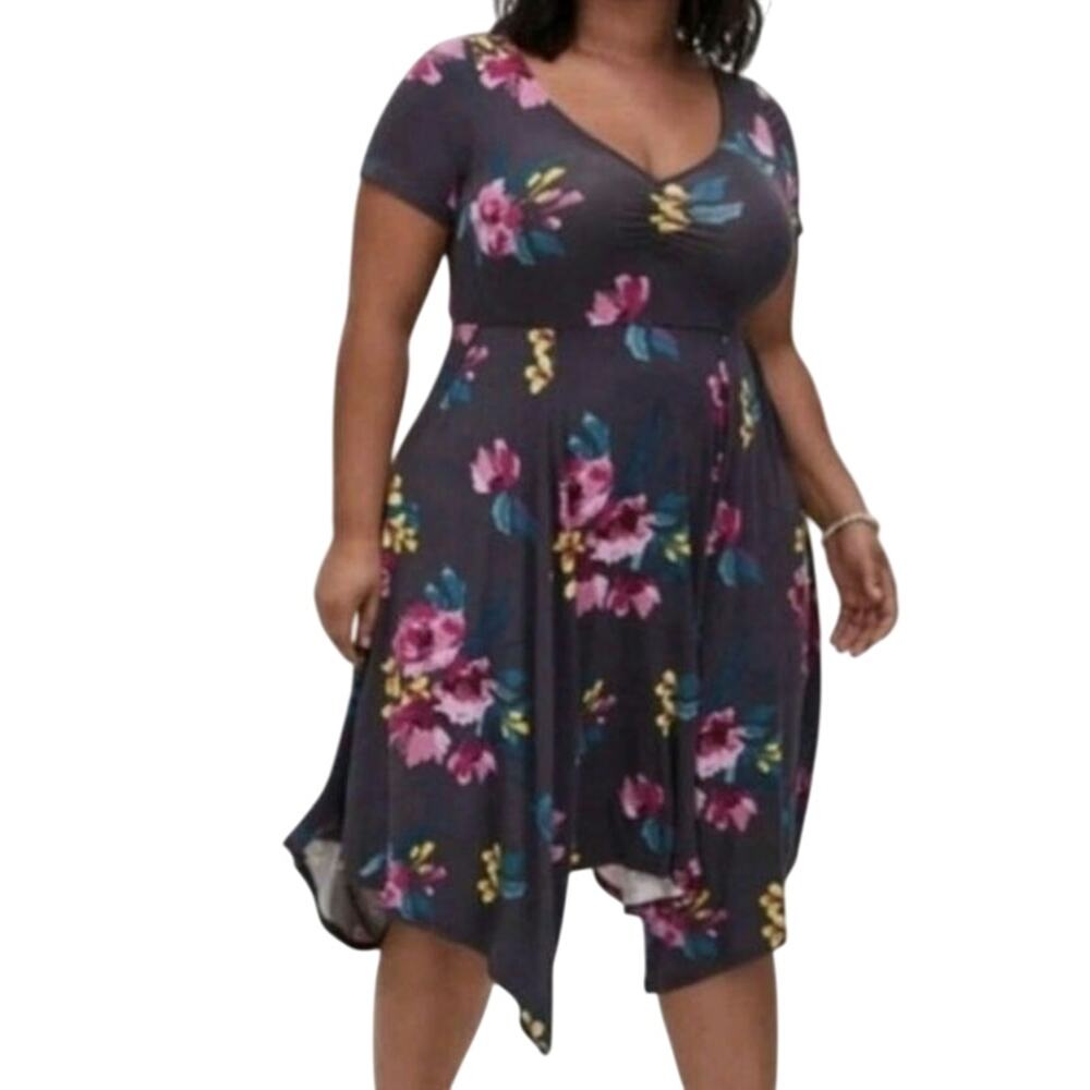 Torrid Floral Jersey Knit Handkerchief Hem Midi Skater Dress